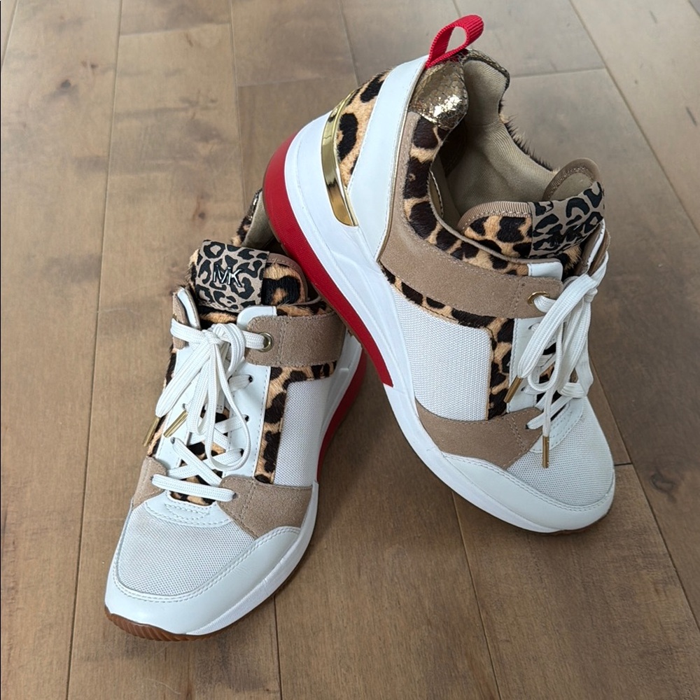 MICHAEL Michael Kors White, Tan & Leopard High Heal Sneakers with Red Sole.